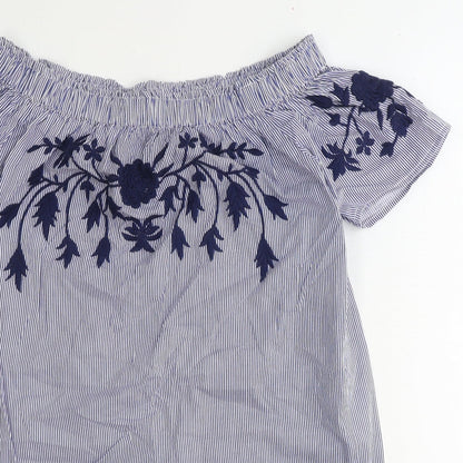 Select Womens Blue Striped 100% Cotton Mini Size 12 Off the Shoulder Pullover