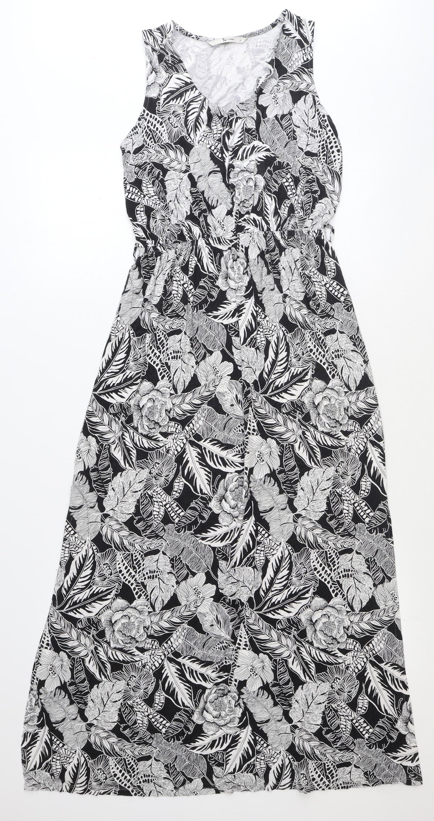 TU Womens Black Floral Polyester Maxi Size 8 V-Neck Button