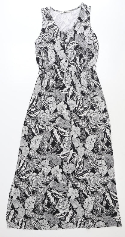 TU Womens Black Floral Polyester Maxi Size 8 V-Neck Button