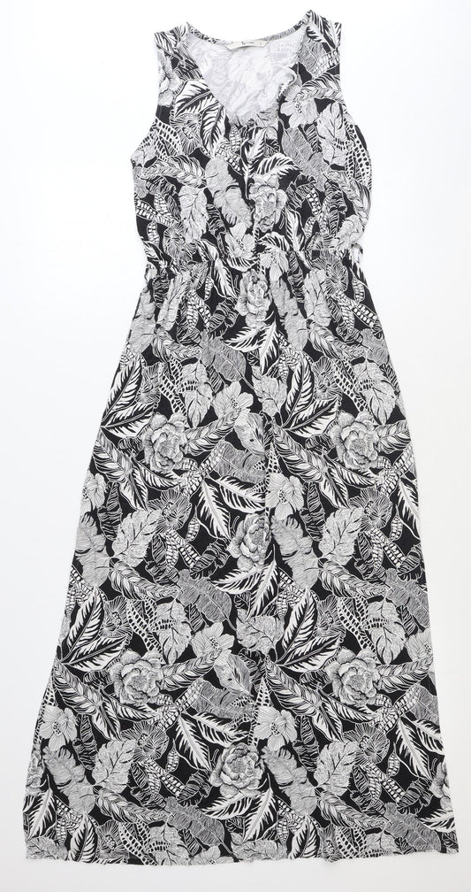 TU Womens Black Floral Polyester Maxi Size 8 V-Neck Button