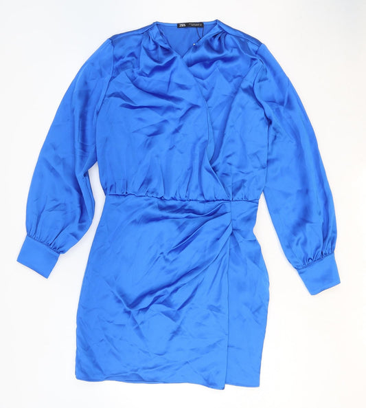 Zara Womens Blue Polyester Shirt Dress Size M V-Neck Zip