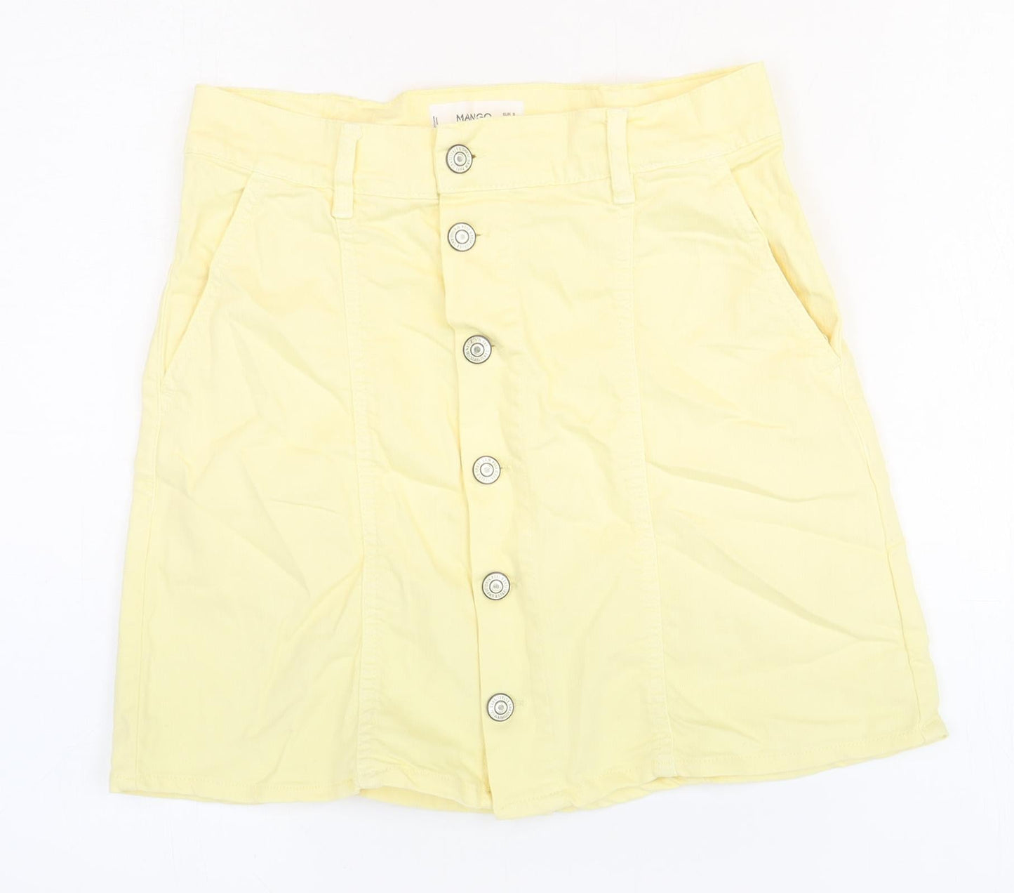Mango Womens Yellow Cotton A-Line Skirt Size 4 Button