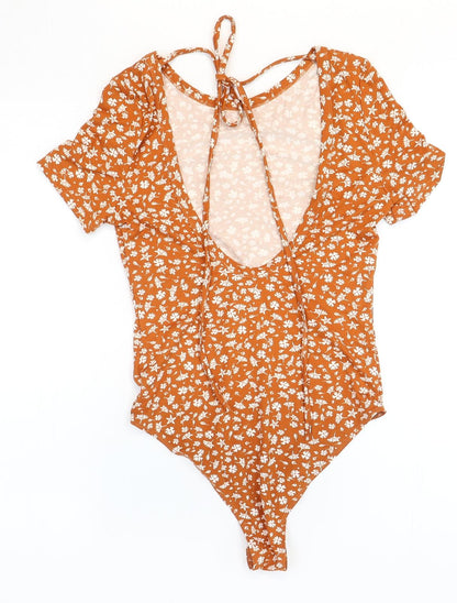 SheIn Womens Orange Floral Polyester Bodysuit One-Piece Size 8 Snap