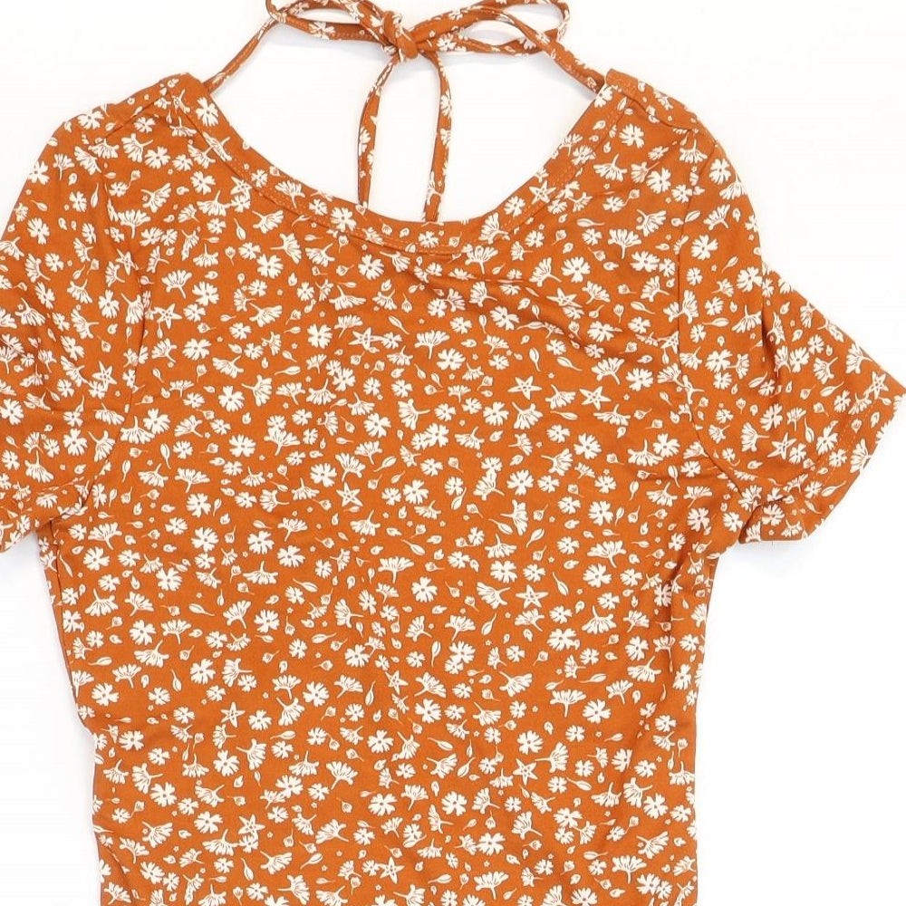 SheIn Womens Orange Floral Polyester Bodysuit One-Piece Size 8 Snap