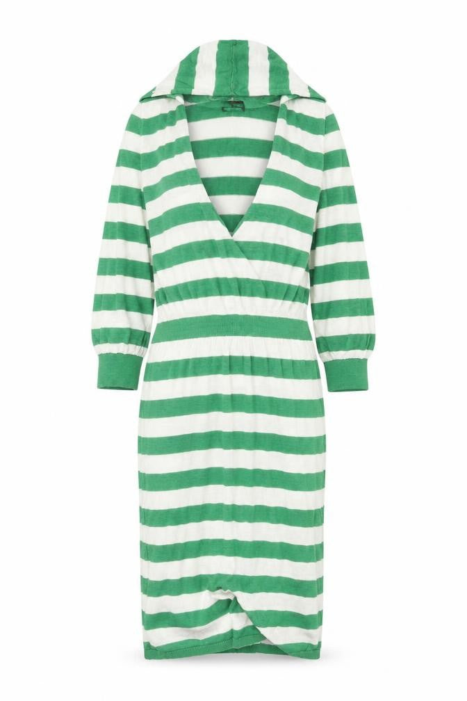 Miss Selfridge Womens Green Striped Ramie Jumper Dress Size 8 V-Neck Pullover