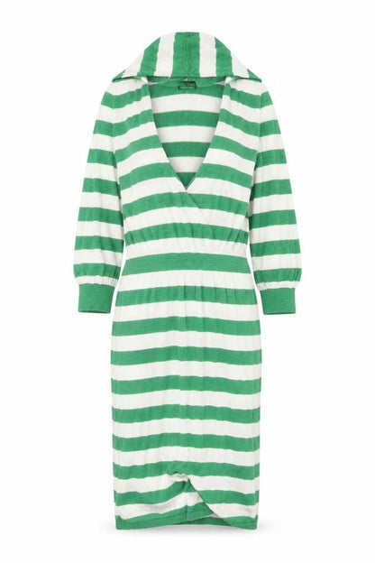 Miss Selfridge Womens Green Striped Ramie Jumper Dress Size 8 V-Neck Pullover
