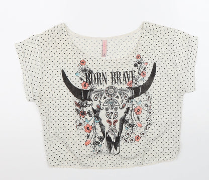 Bershka Girls White Polka Dot Polyester Cropped T-Shirt Size S Round Neck Pullover