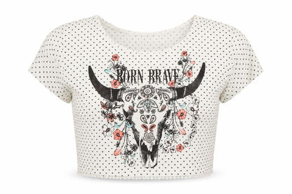 Bershka Girls White Polka Dot Polyester Cropped T-Shirt Size S Round Neck Pullover