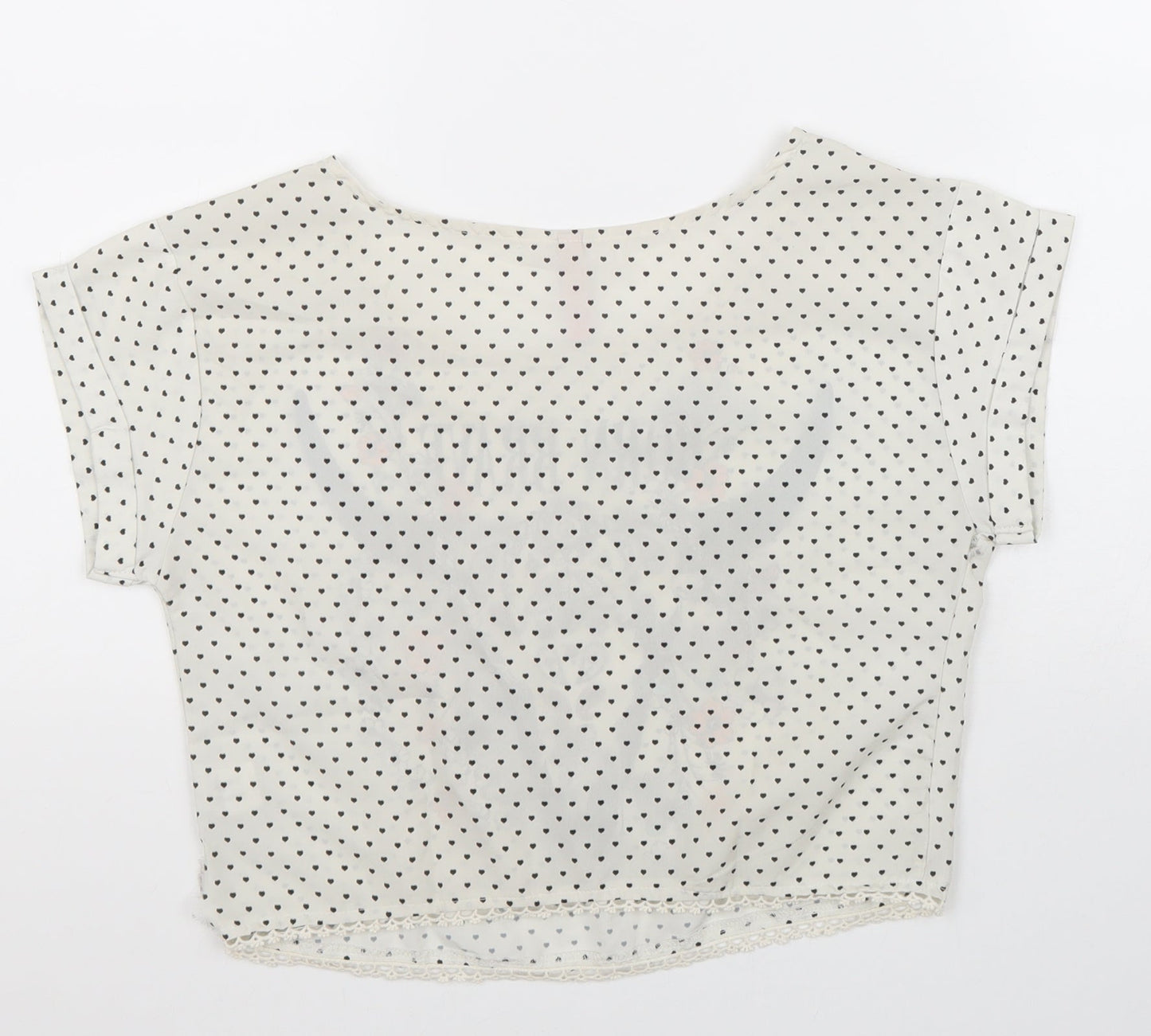 Bershka Girls White Polka Dot Polyester Cropped T-Shirt Size S Round Neck Pullover