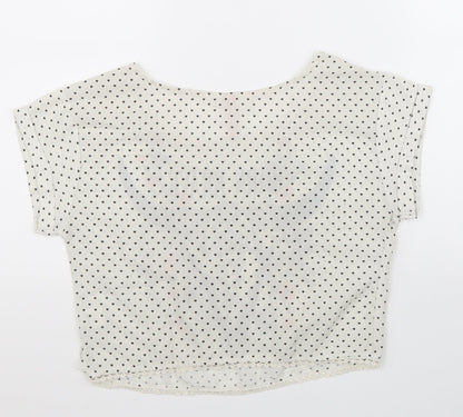 Bershka Girls White Polka Dot Polyester Cropped T-Shirt Size S Round Neck Pullover