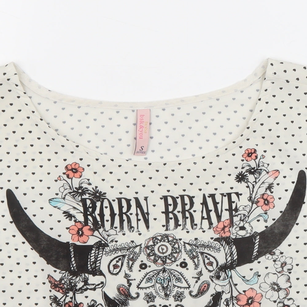 Bershka Girls White Polka Dot Polyester Cropped T-Shirt Size S Round Neck Pullover