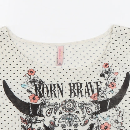 Bershka Girls White Polka Dot Polyester Cropped T-Shirt Size S Round Neck Pullover