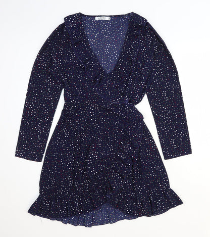 Jubylee Womens Blue Geometric Viscose Fit & Flare Size M V-Neck Tie