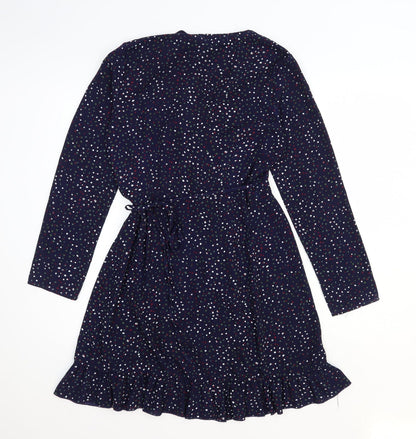 Jubylee Womens Blue Geometric Viscose Fit & Flare Size M V-Neck Tie