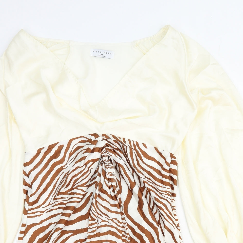 Ei8th Hour Womens Ivory Animal Print Polyester Mini Size 14 V-Neck Zip