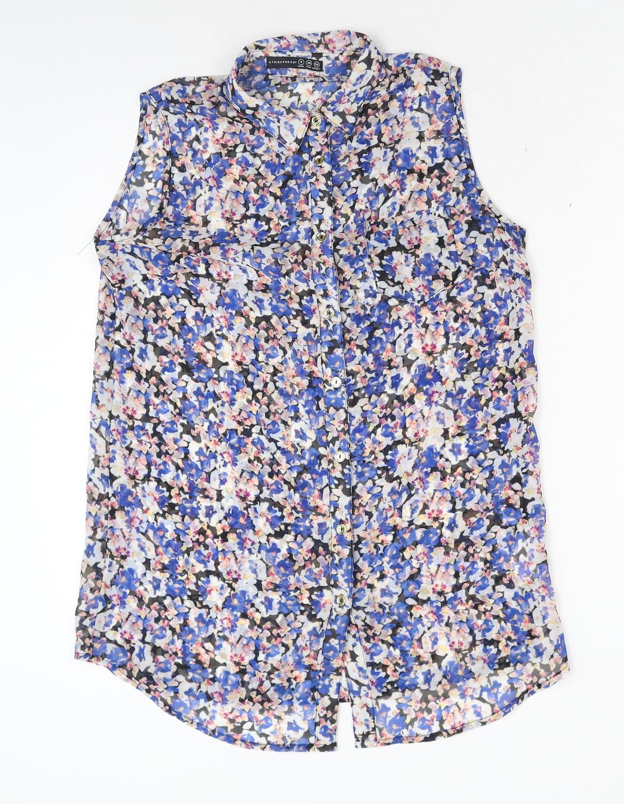 Primark Womens Blue Floral Polyester Basic Button-Up Size 8 Collared