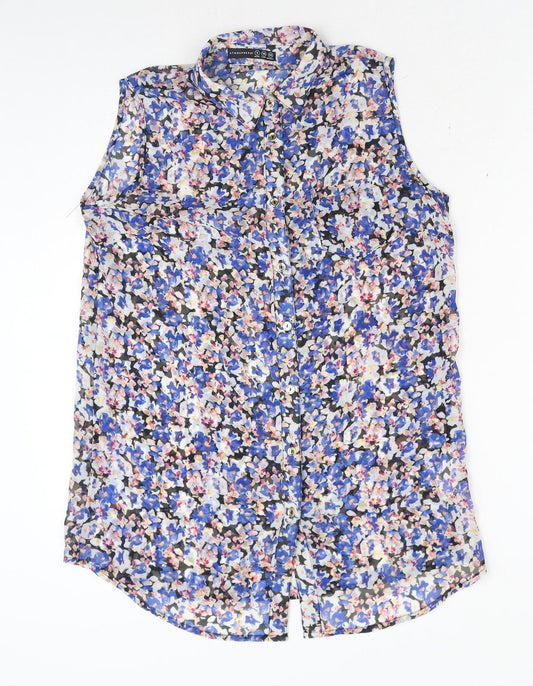 Primark Womens Blue Floral Polyester Basic Button-Up Size 8 Collared