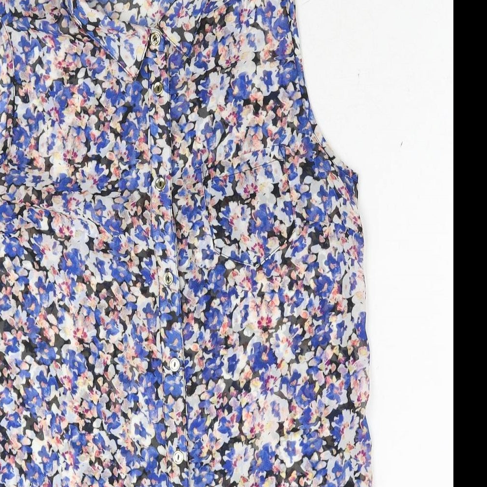 Primark Womens Blue Floral Polyester Basic Button-Up Size 8 Collared