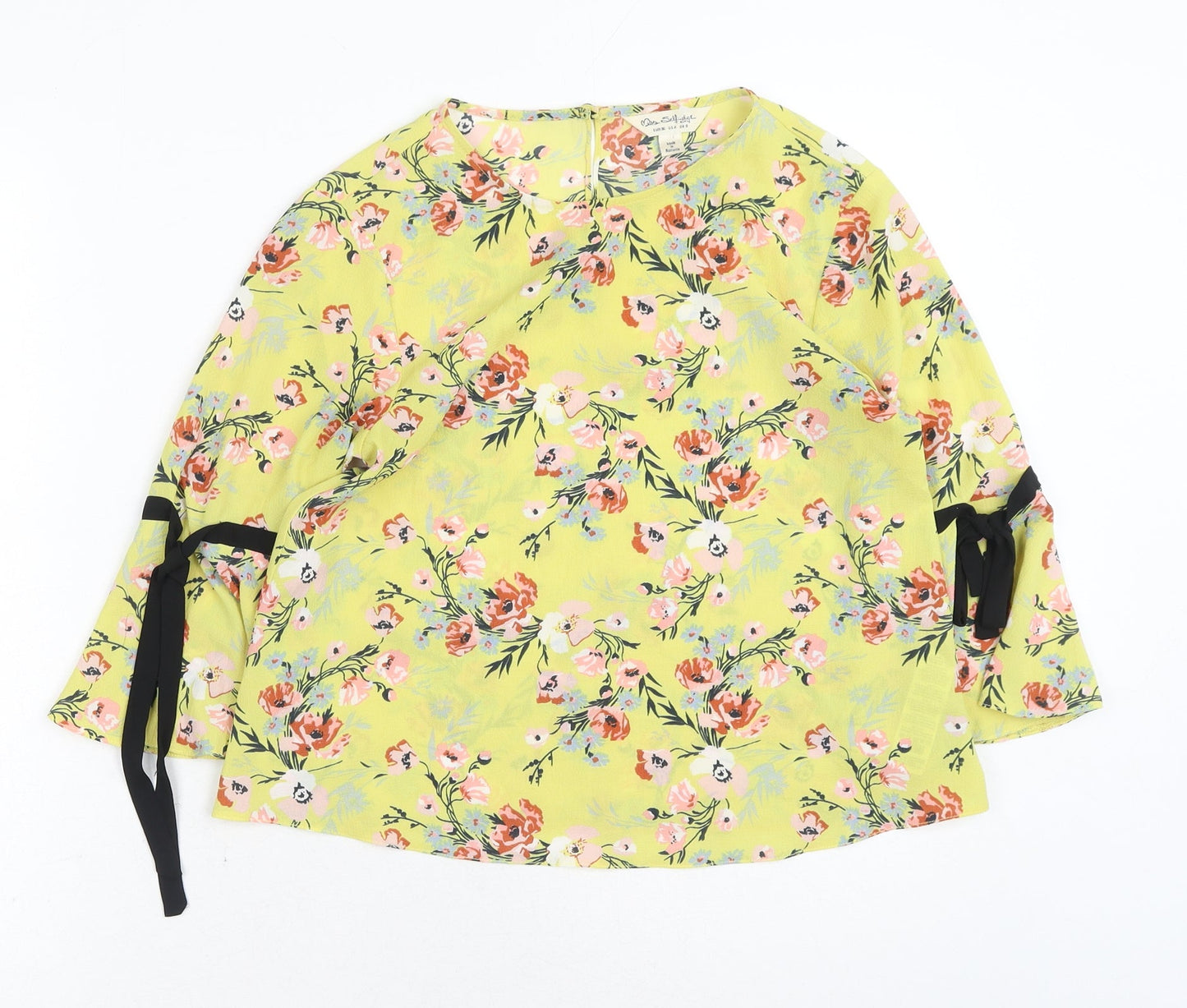 Miss Selfridge Womens Yellow Floral Polyester Basic Blouse Size 8 Round Neck