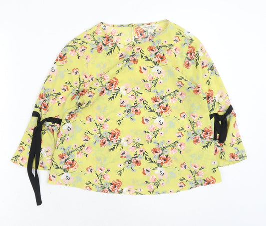 Miss Selfridge Womens Yellow Floral Polyester Basic Blouse Size 8 Round Neck