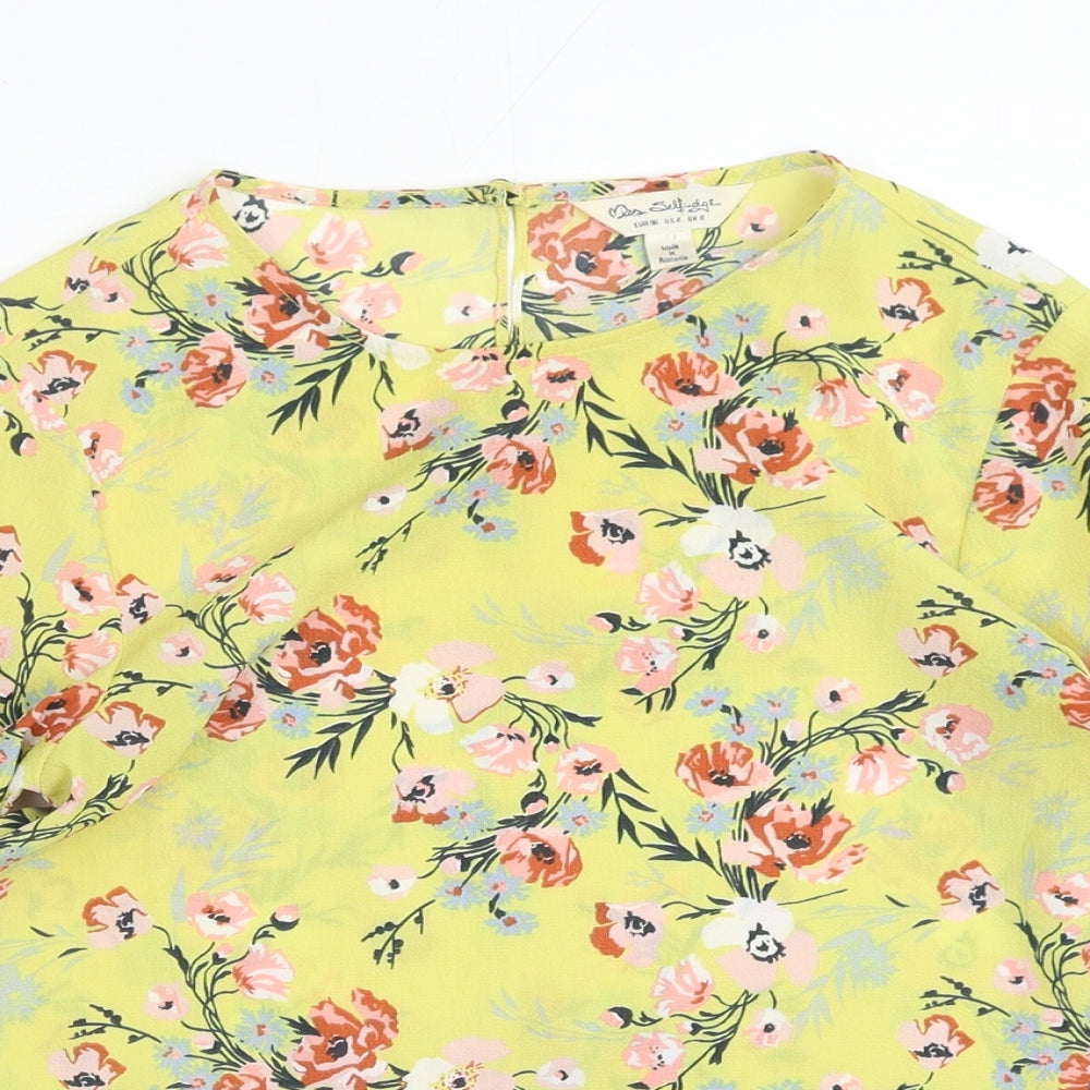 Miss Selfridge Womens Yellow Floral Polyester Basic Blouse Size 8 Round Neck
