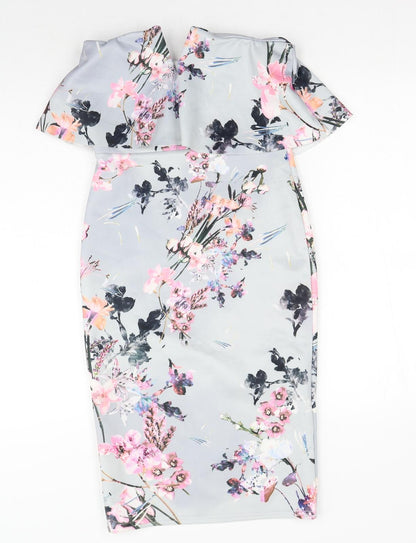 PRETTYLITTLETHING Womens Grey Floral Polyester Pencil Dress Size 10 Off the Shoulder Pullover