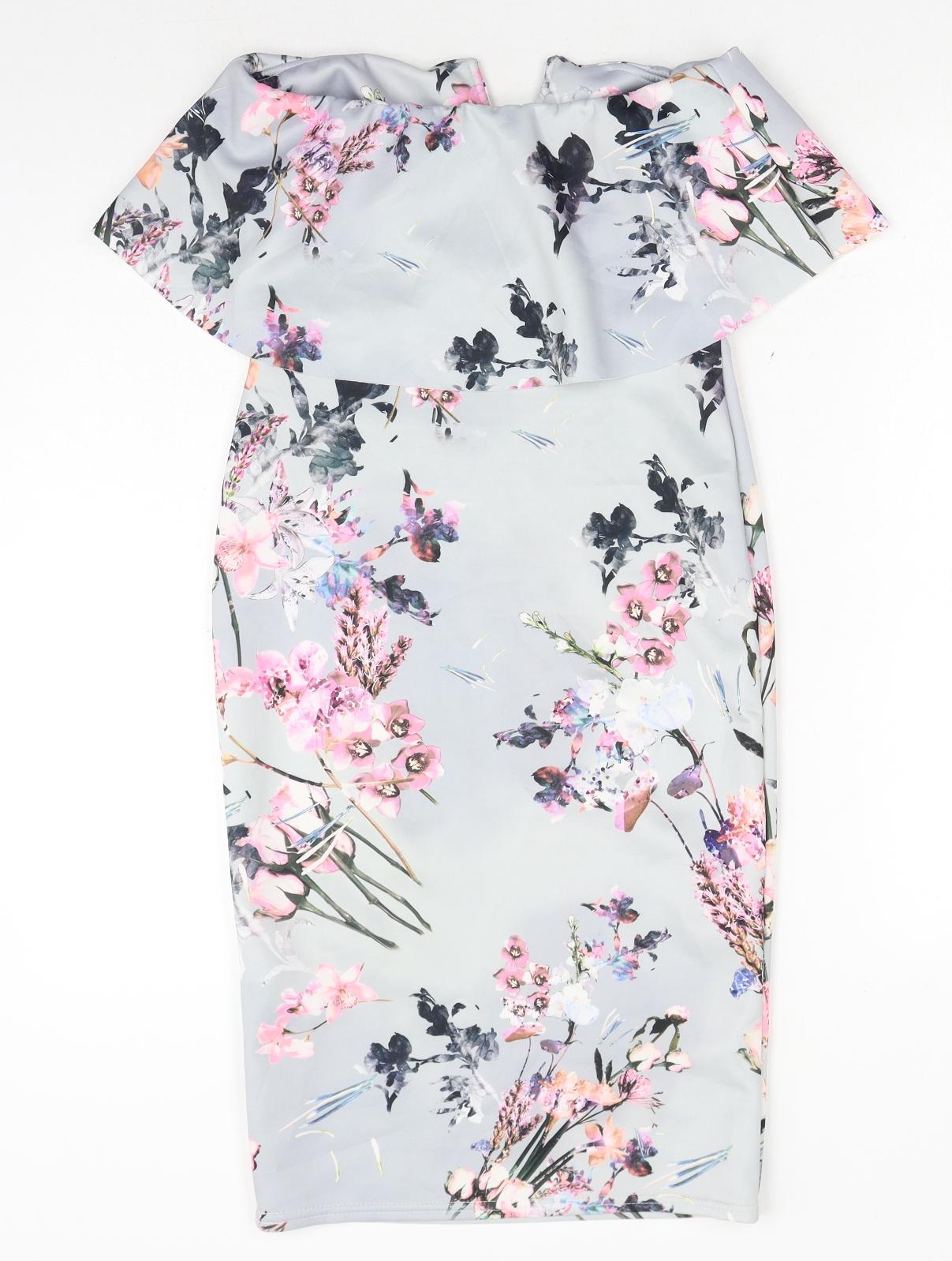 PRETTYLITTLETHING Womens Grey Floral Polyester Pencil Dress Size 10 Off the Shoulder Pullover