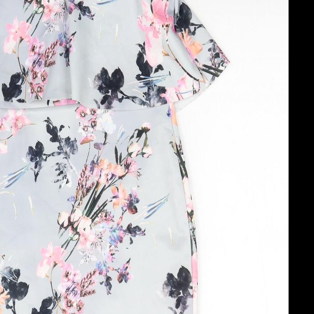 PRETTYLITTLETHING Womens Grey Floral Polyester Pencil Dress Size 10 Off the Shoulder Pullover