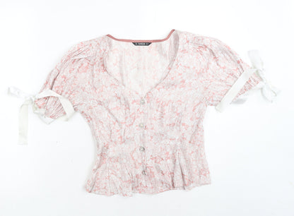SheIn Womens Pink Floral Polyester Basic Blouse Size XS V-Neck