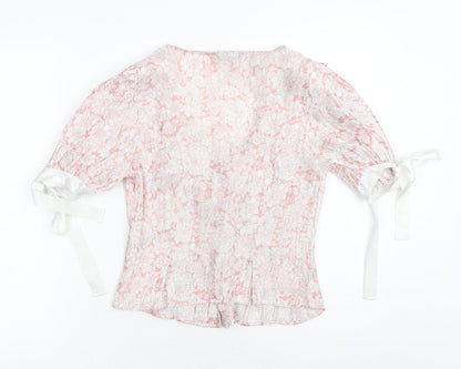 SheIn Womens Pink Floral Polyester Basic Blouse Size XS V-Neck