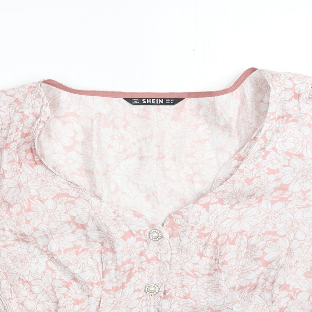 SheIn Womens Pink Floral Polyester Basic Blouse Size XS V-Neck