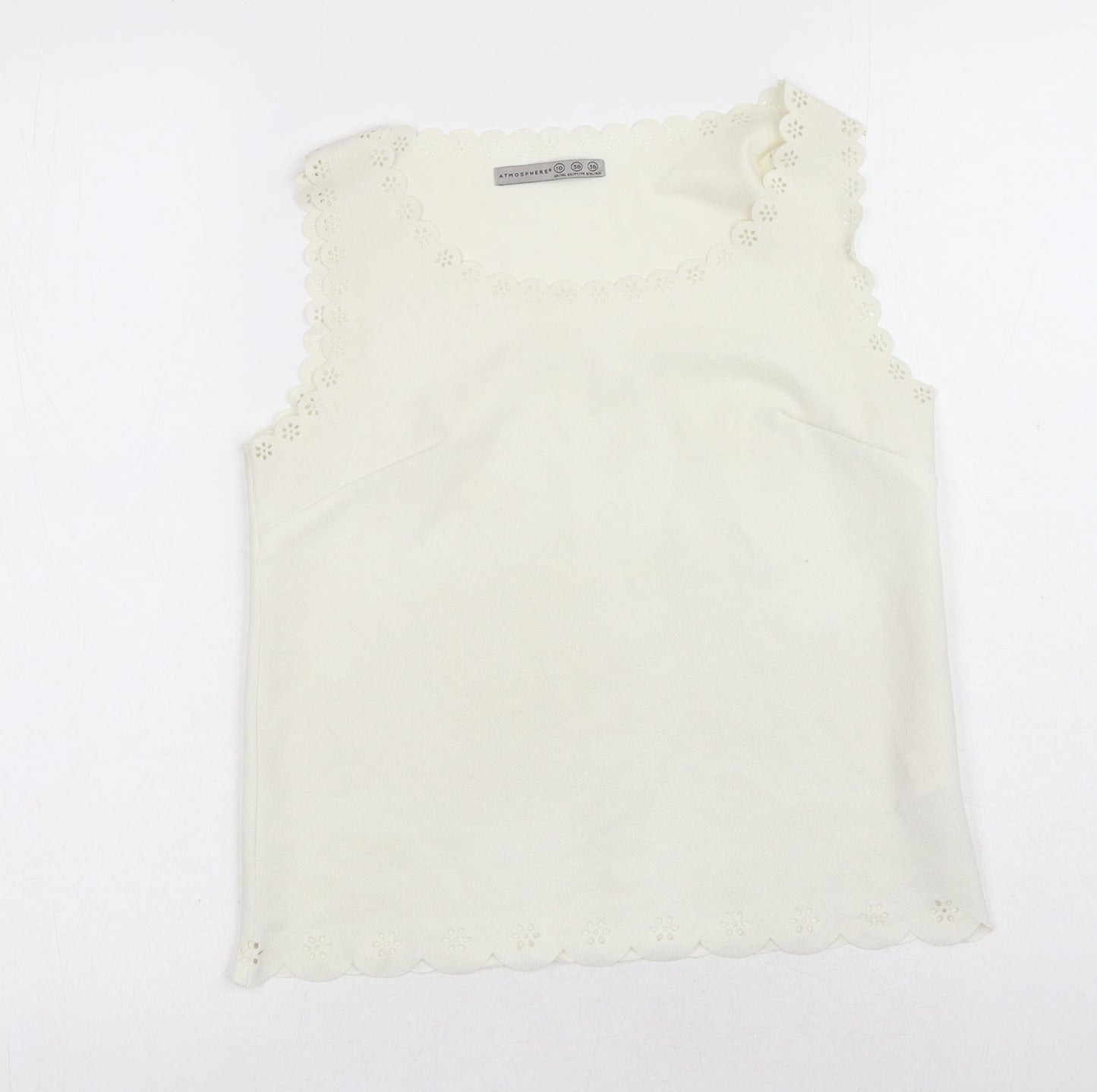 Primark Womens White Polyester Basic Tank Size 10 Round Neck - Anglaise detail on waistline, sleeve and neckline