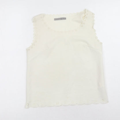 Primark Womens White Polyester Basic Tank Size 10 Round Neck - Anglaise detail on waistline, sleeve and neckline