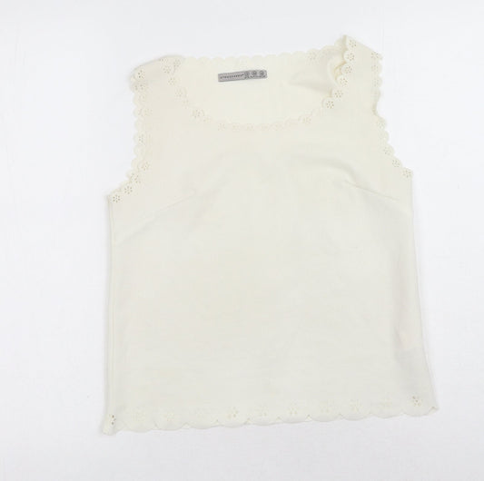 Primark Womens White Polyester Basic Tank Size 10 Round Neck - Anglaise detail on waistline, sleeve and neckline