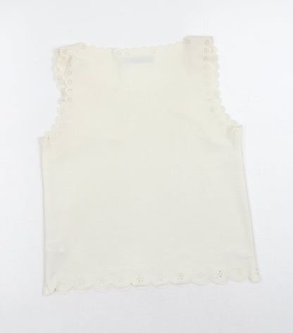 Primark Womens White Polyester Basic Tank Size 10 Round Neck - Anglaise detail on waistline, sleeve and neckline