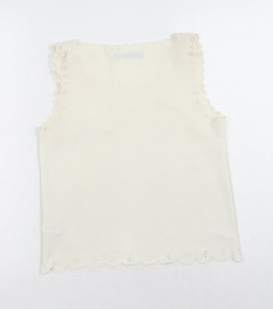 Primark Womens White Polyester Basic Tank Size 10 Round Neck - Anglaise detail on waistline, sleeve and neckline
