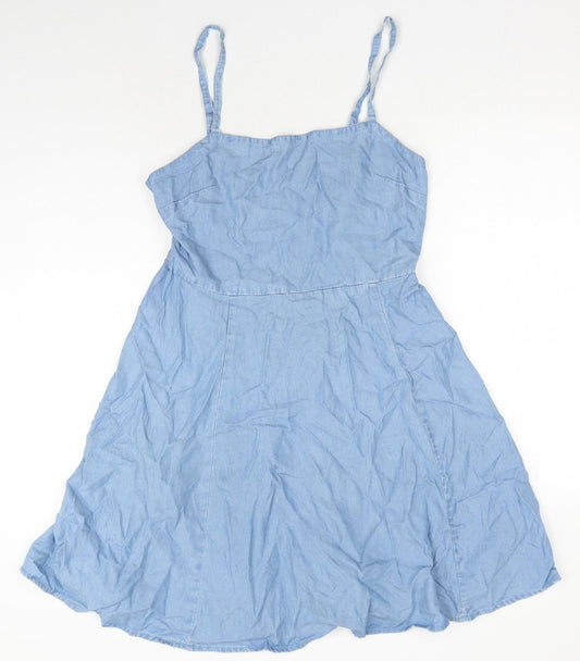 Gap Womens Blue Cotton Skater Dress Size M Square Neck Pullover - Shirred Back