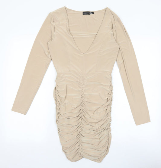 PRETTYLITTLETHING Womens Beige Polyester Bodycon Size 10 V-Neck Pullover