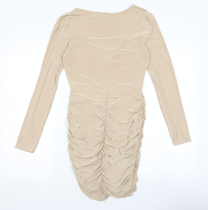 PRETTYLITTLETHING Womens Beige Polyester Bodycon Size 10 V-Neck Pullover