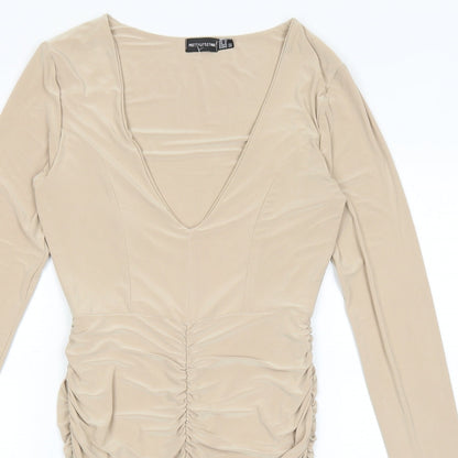 PRETTYLITTLETHING Womens Beige Polyester Bodycon Size 10 V-Neck Pullover