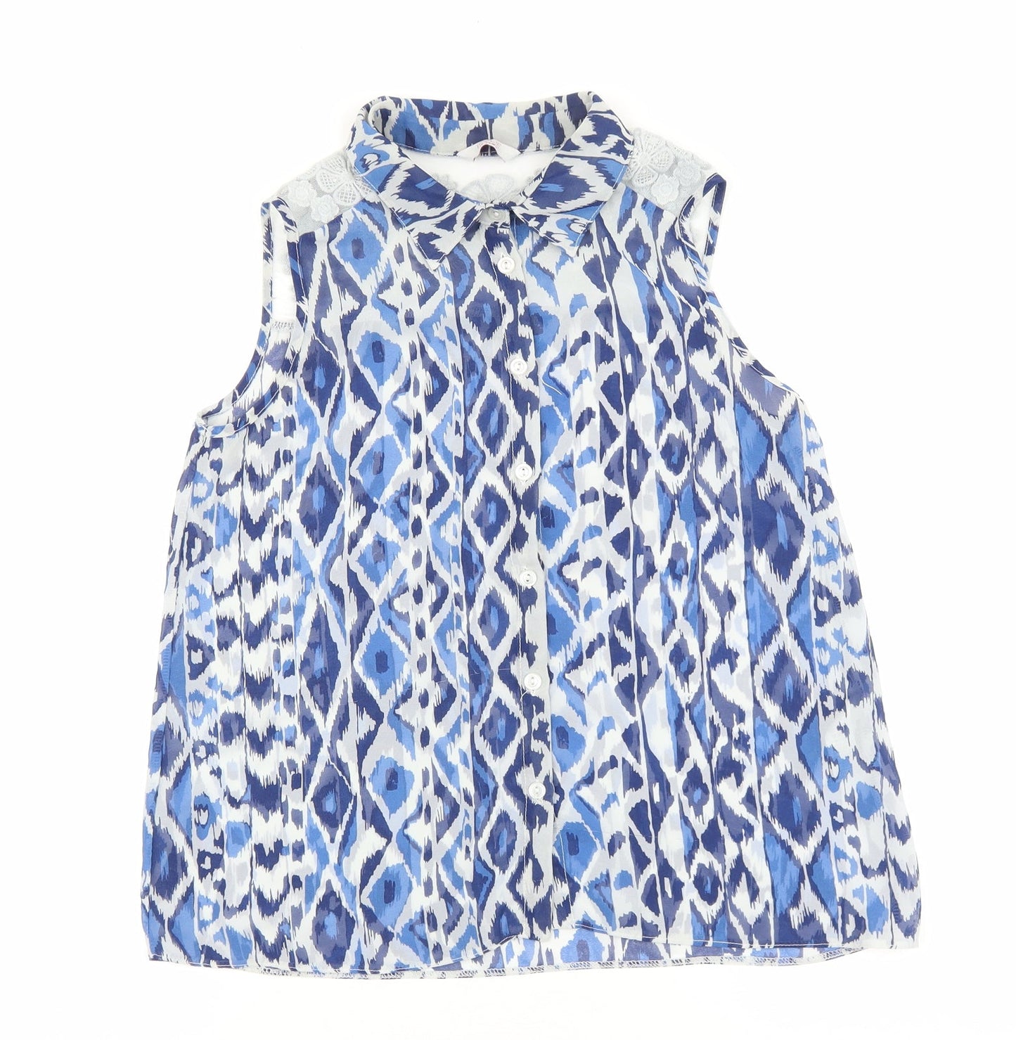 Kylie Girls Blue Geometric Polyester Basic Tank Size 13 Years V-Neck Button - Lace Detail