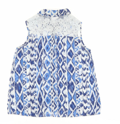 Kylie Girls Blue Geometric Polyester Basic Tank Size 13 Years V-Neck Button - Lace Detail