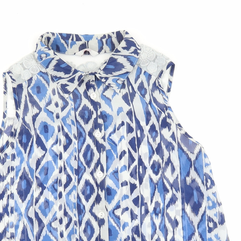 Kylie Girls Blue Geometric Polyester Basic Tank Size 13 Years V-Neck Button - Lace Detail