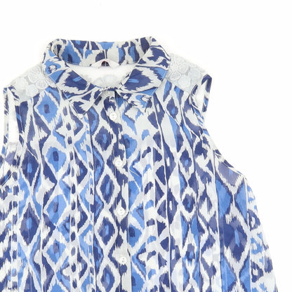 Kylie Girls Blue Geometric Polyester Basic Tank Size 13 Years V-Neck Button - Lace Detail
