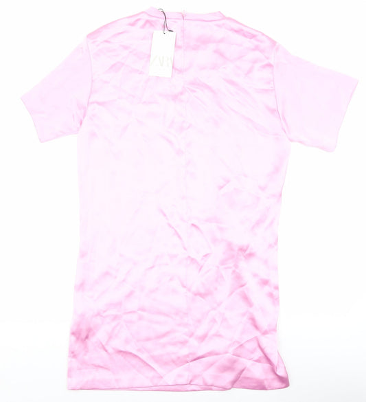 Zara Womens Pink Polyester T-Shirt Dress Size L Crew Neck Pullover - Twist Detail