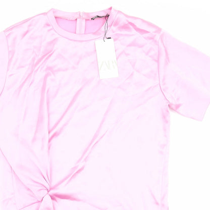 Zara Womens Pink Polyester T-Shirt Dress Size L Crew Neck Pullover - Twist Detail