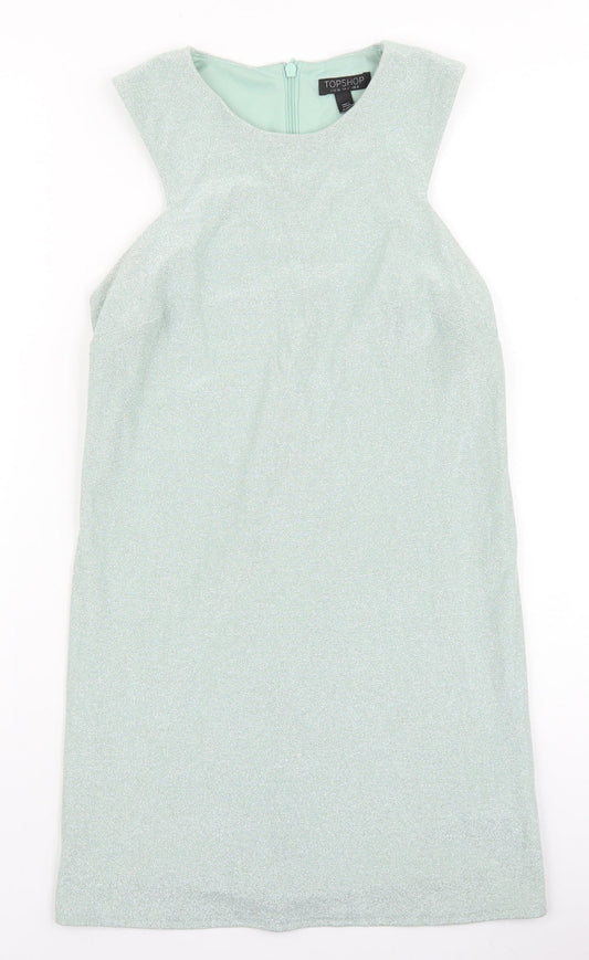 Topshop Womens Green Polyester Shift Size 8 Round Neck Zip