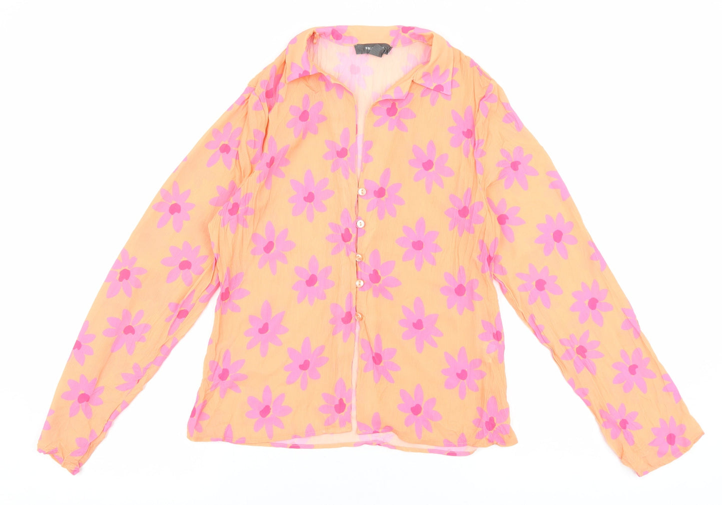 Primark Womens Orange Floral Polyester Basic Button-Up Size 8 V-Neck