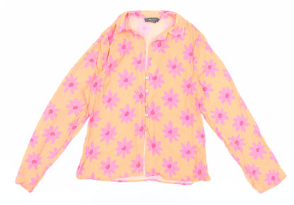 Primark Womens Orange Floral Polyester Basic Button-Up Size 8 V-Neck
