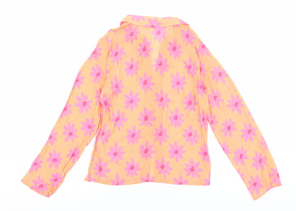 Primark Womens Orange Floral Polyester Basic Button-Up Size 8 V-Neck